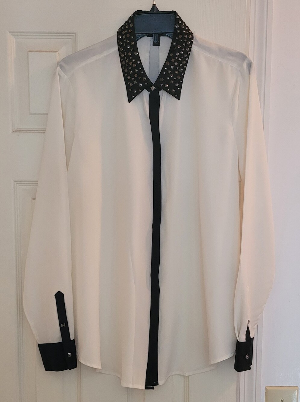 Ladies White Shirt with Black Studded Collar and Trim